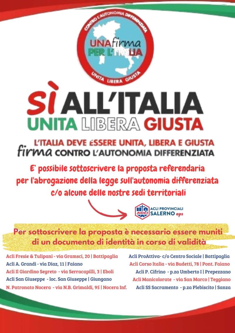 Una firma per l'Italia Unita, Libera, Giusta - Acli Salerno (SA)