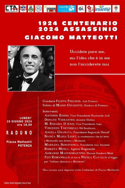 Centenario Assassinio Giacomo Matteotti - Acli Potenza e CTA Potenza (PZ)