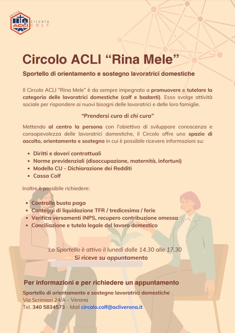 Sportello di orientamento e sostegno lavoratrici domestiche - Circolo Acli "Rina Mele" (VR)