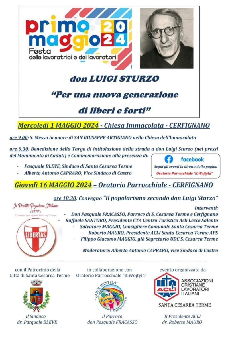 Primo Maggio 2024: Messa in onore di San Giuseppe Artigiano e Benedizione della Targa di intitolazione della strada a don Luigi Sturzo - Circolo Acli Santa Cesarea Terme (LE)