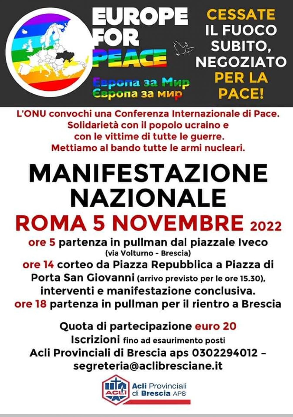 Pullman per la Manifestazione Nazionale per la Pace - Acli Brescia (BS)