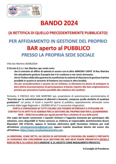Bando 2024 per affidamento in gestione del Bar aperto al Pubblico - Circolo Acli San Martino (RA)