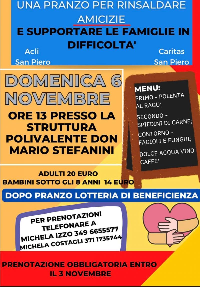 Pranzo per rinsaldare amicizie e supportare le famiglie in difficoltà - Circolo Acli San Piero (PI)