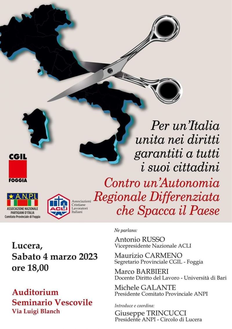 Per un'Italia unita nei diritti garantiti a tutti i suoi cittadini - Acli Foggia (FG)