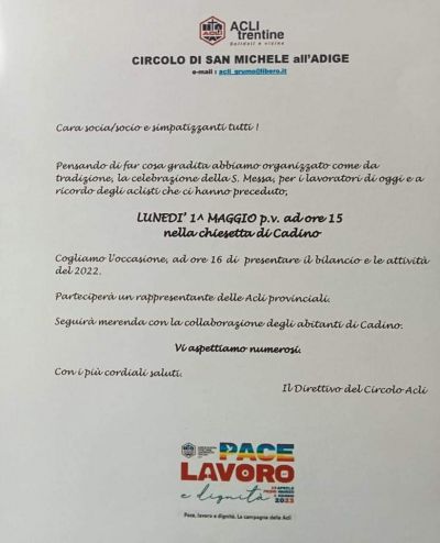 Santa Messa per i lavoratori di oggi e a ricordo degli aclisti che ci hanno preceduto - Circolo Acli &quot;San Michele&quot; Grumo (TN)